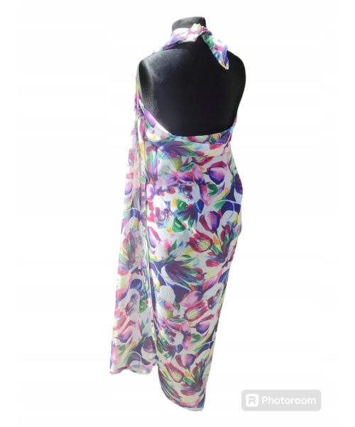 Duża sukienka plażowa - eleganckie PAREO XXL szyfon fioletowe kwiaty